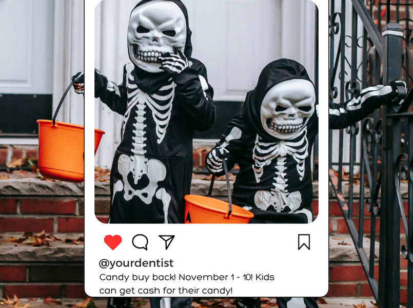 Two children dressed in skeleton costumes are holding orange candy buckets while standing on the front porch steps. The Instagram post overlay features the username "@yourdentist" and promotes a "Candy Buy Back" event for November 1-10, where kids can exchange their candy for cash. The image gives a festive Halloween vibe, combining fun costumes with a dental health promotion.